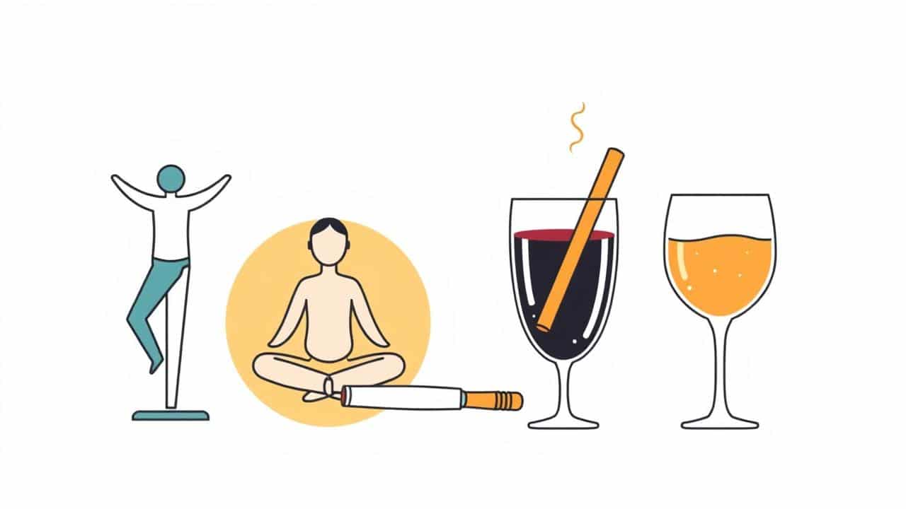 Conjunto de ícones minimalistas representando hábitos saudáveis: controle de peso, meditação, parar de fumar e moderação no consumo de álcool.