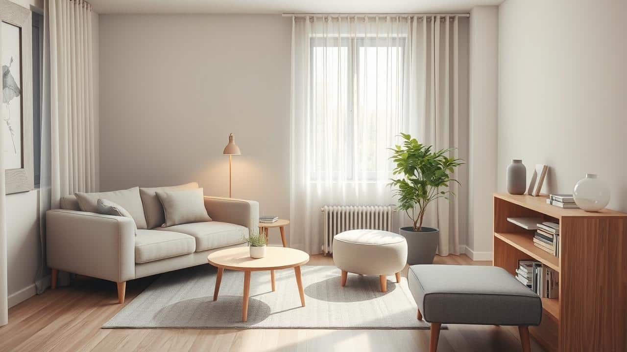 Consultório de terapia fotorrealista com sofá e poltrona, evocando acolhimento e profissionalismo.