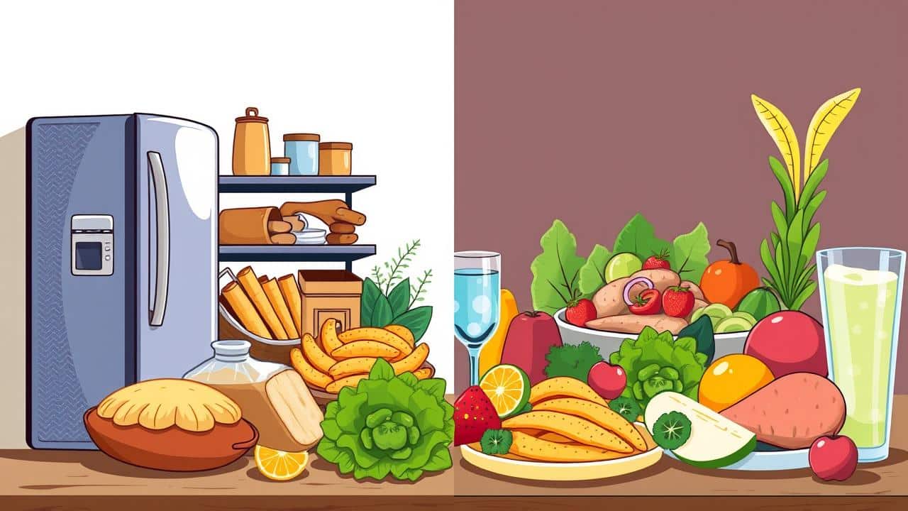 Contraste: alimentos processados vs. jantar fresco e nutritivo.