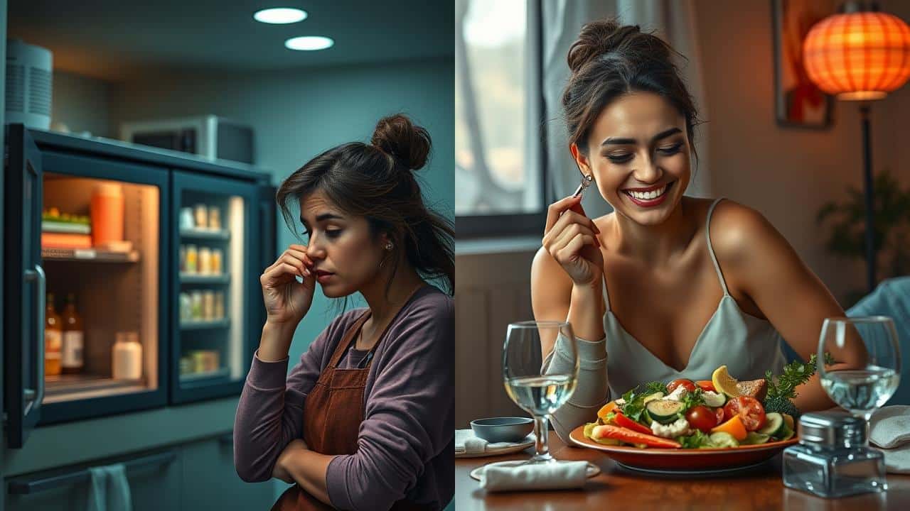 Contraste: pessoa confusa comendo tarde, pessoa tranquila com refeição saudável.