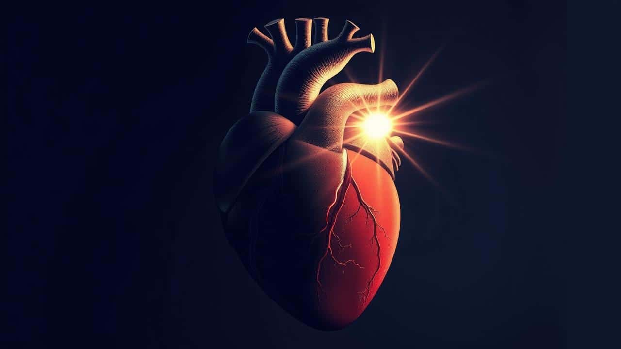 Coração humano com metade sombria e metade iluminada, simbolizando a ameaça e a proteção contra o colesterol alto.