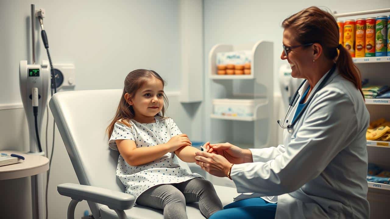 Criança sendo preparada para coleta de sangue com a presença de um pediatra atencioso, em ambiente de consultório.