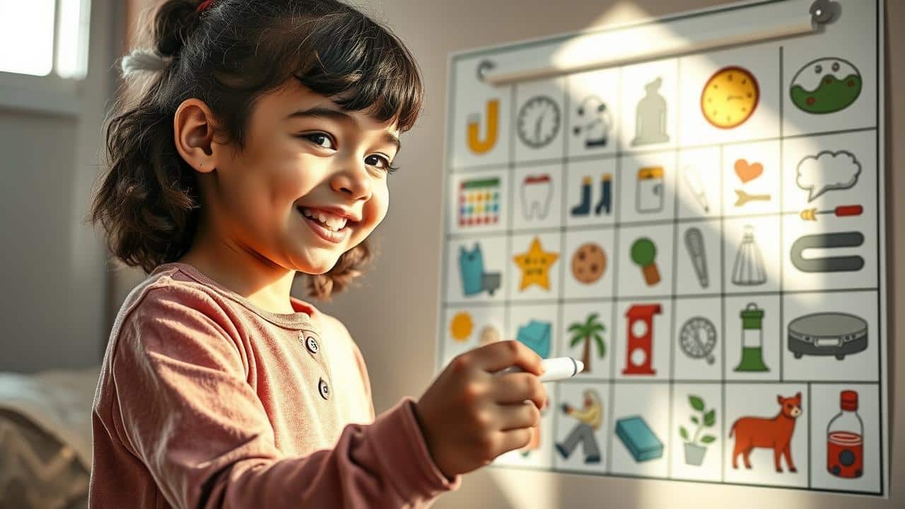 Criança sorrindo enquanto marca uma tarefa concluída em um quadro de rotina visual colorido.