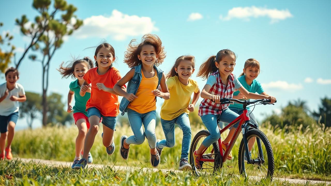 Crianças felizes e enérgicas brincando ativamente ao ar livre em um parque, correndo e sorrindo.