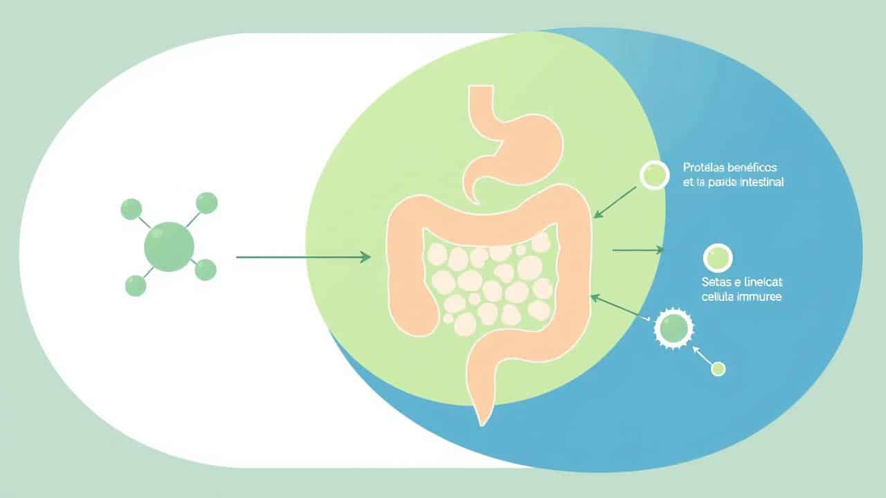 Diagrama abstrato da interação de probióticos com a parede intestinal e sistema imunológico.