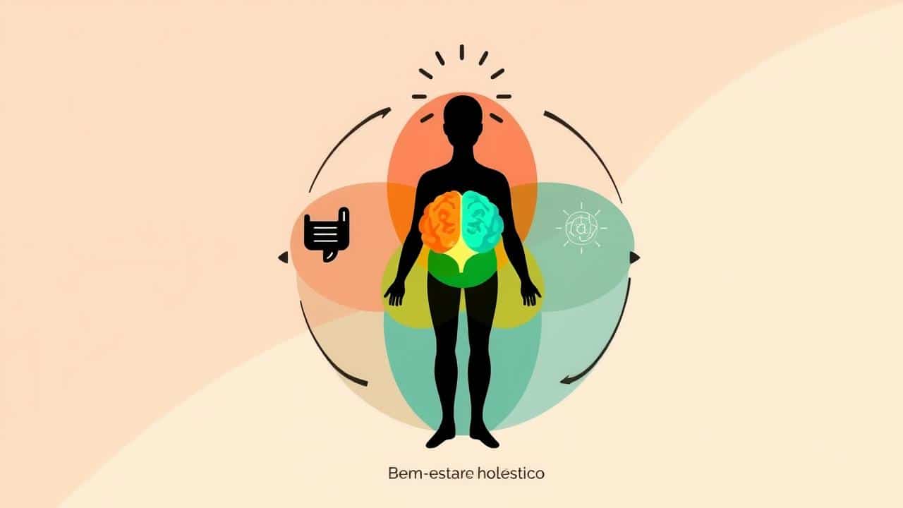 Diagrama artístico da interconexão entre corpo, mente e espírito para bem-estar holístico.