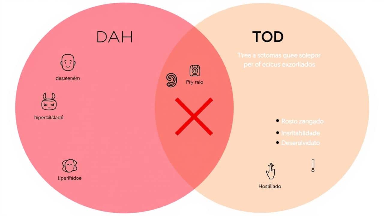 Diagrama de Venn ilustrando a comparação e interseção dos sintomas de TDAH (desatenção, hiperatividade) e TOD (desafio, irritabilidade).