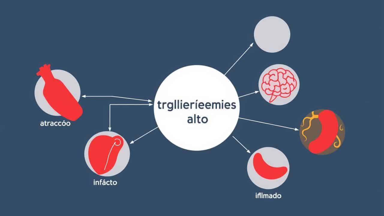 Diagrama visual dos riscos de triglicerídeos altos: aterosclerose, infarto, AVC e pancreatite.