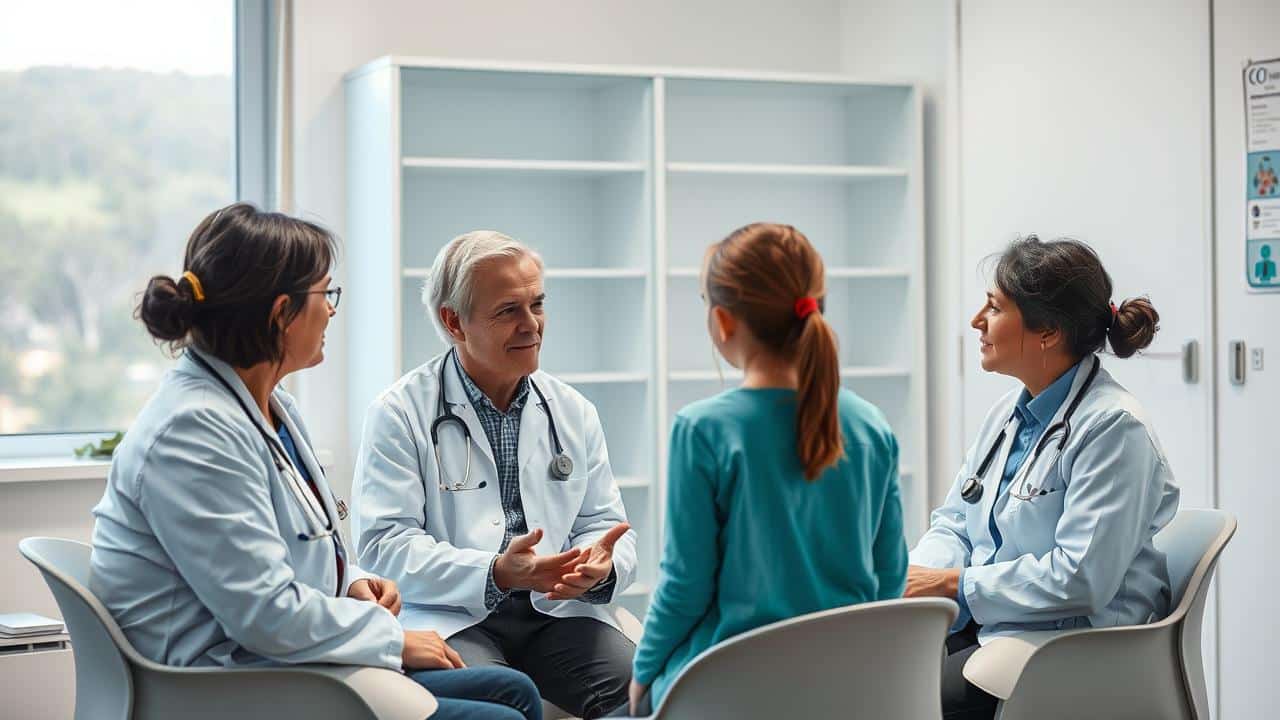 Equipe multidisciplinar (neuropediatra, psicólogo, psicopedagogo) colaborando no diagnóstico de TDAH em uma criança.