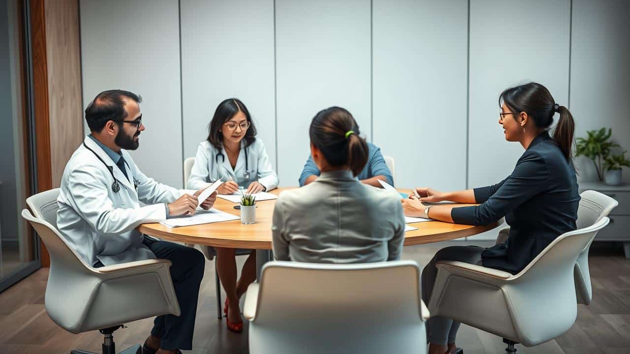 Equipe multiprofissional reunida em mesa redonda para avaliação biopsicossocial, com foco na pessoa avaliada.