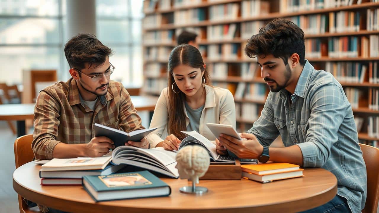 Estudantes universitários diversos estudando Terapia Ocupacional em biblioteca moderna com modelo anatômico.