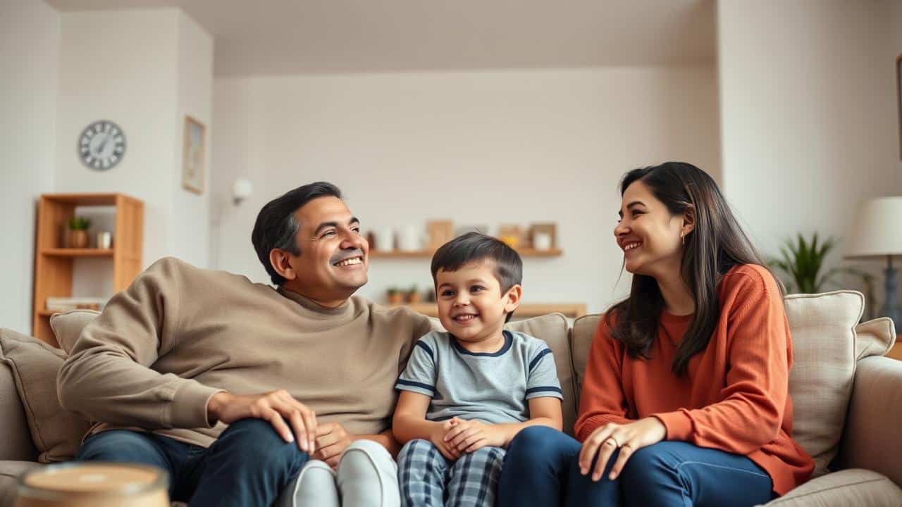 Família feliz e organizada em casa, com um quadro de rotina ao fundo, transmitindo harmonia.