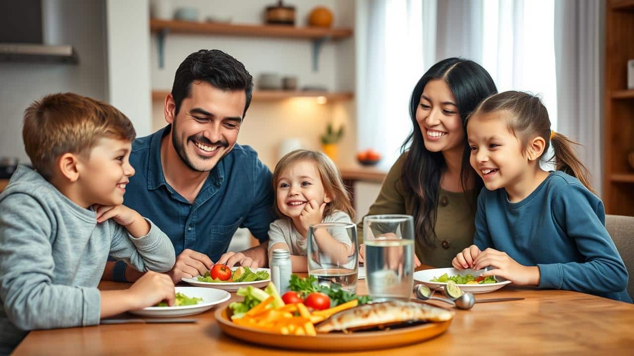 Família sorridente interagindo durante uma refeição saudável à mesa, transmitindo união e apoio.