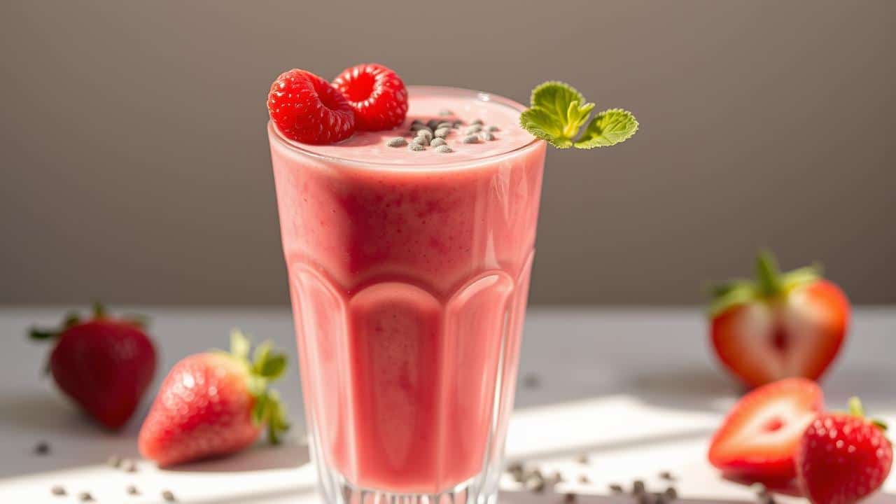 Smoothie de frutas vermelhas, chia e abacate.