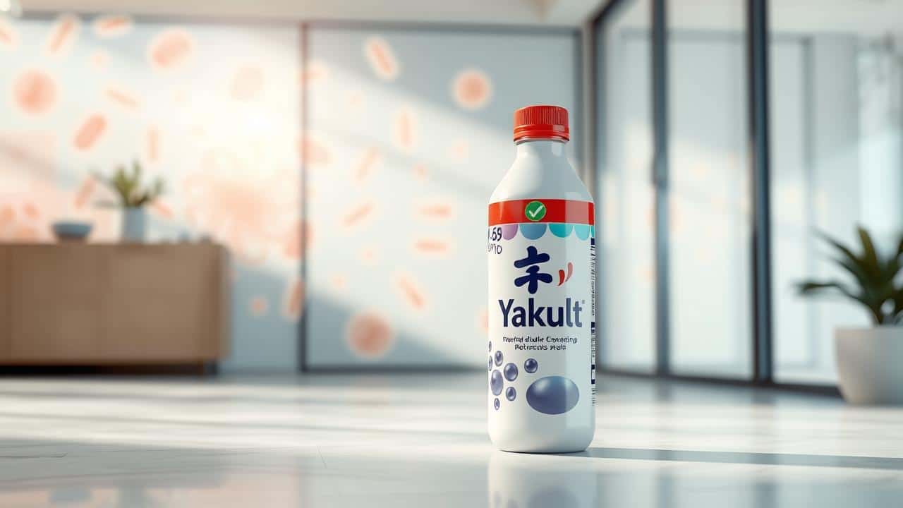 Garrafa de Yakult em ambiente moderno com elementos que representam a flora intestinal saudável.