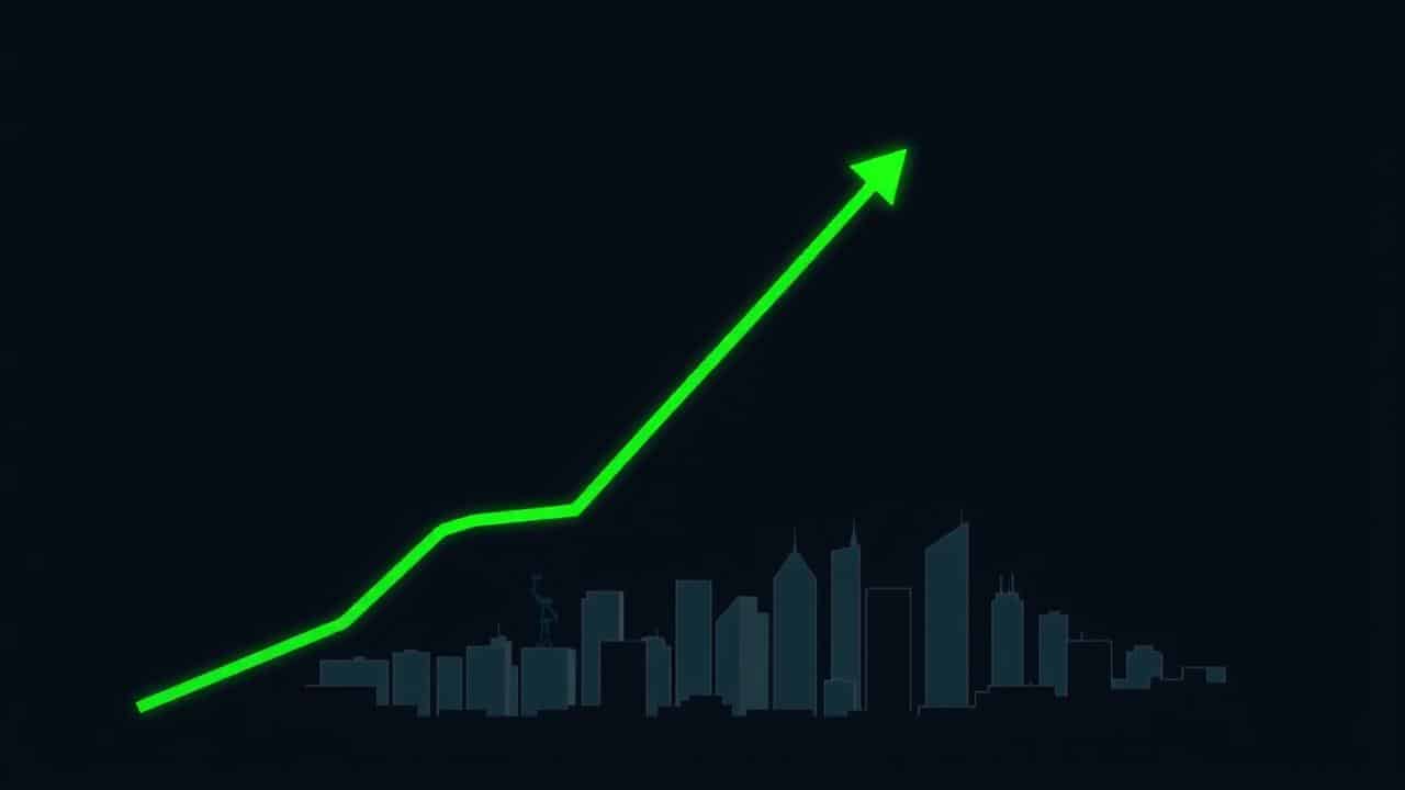Gráfico de linha verde ascendente com silhuetas urbanas, simbolizando crescimento e futuro promissor de carreira.