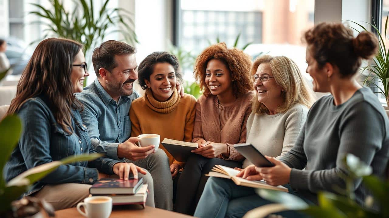 Grupo diversificado de pessoas conversando abertamente em um ambiente acolhedor, simbolizando diálogo sobre saúde mental.