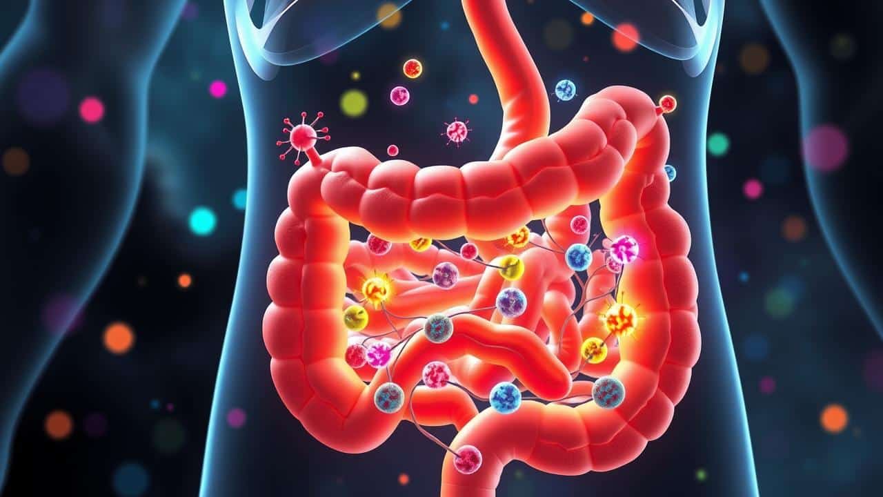 Ilustração 3D de um intestino saudável com flora bacteriana equilibrada e vibrante.