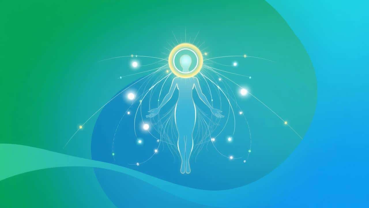 Ilustração abstrata da interconexão entre corpo, mente e espírito em tons suaves.