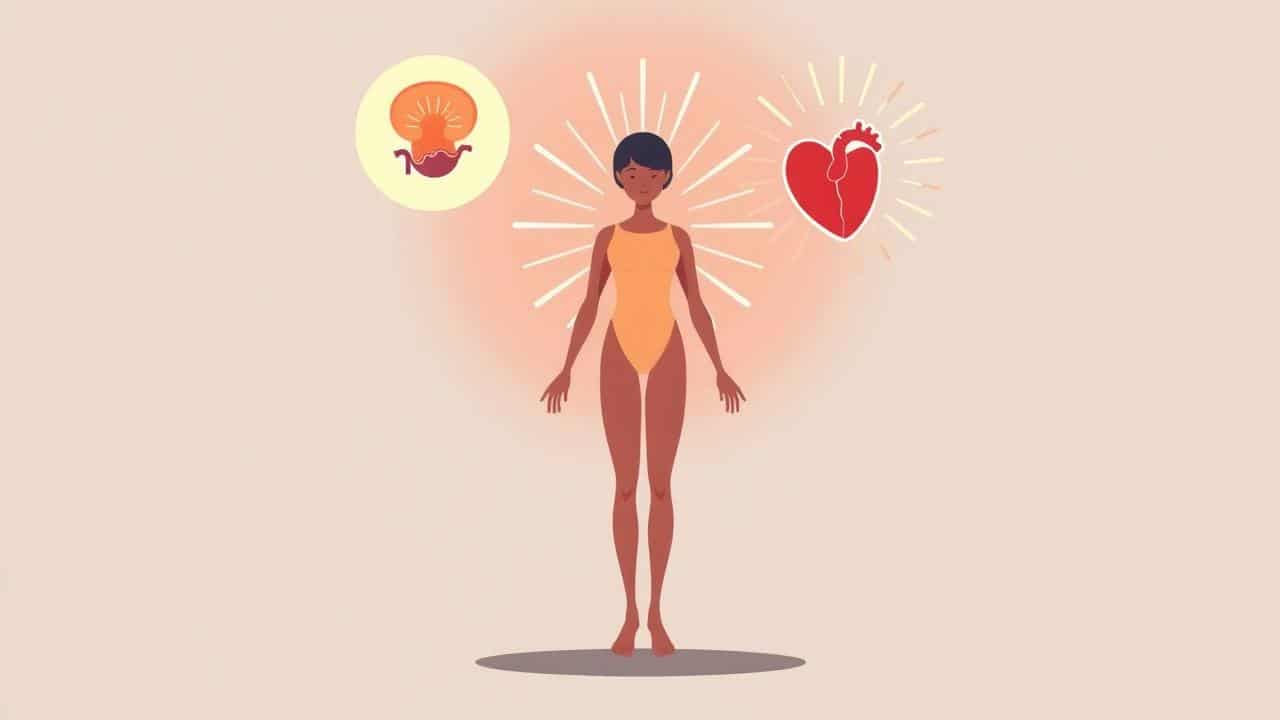 Ilustração abstrata de figura humana saudável com símbolos de imunidade, coração e digestão.