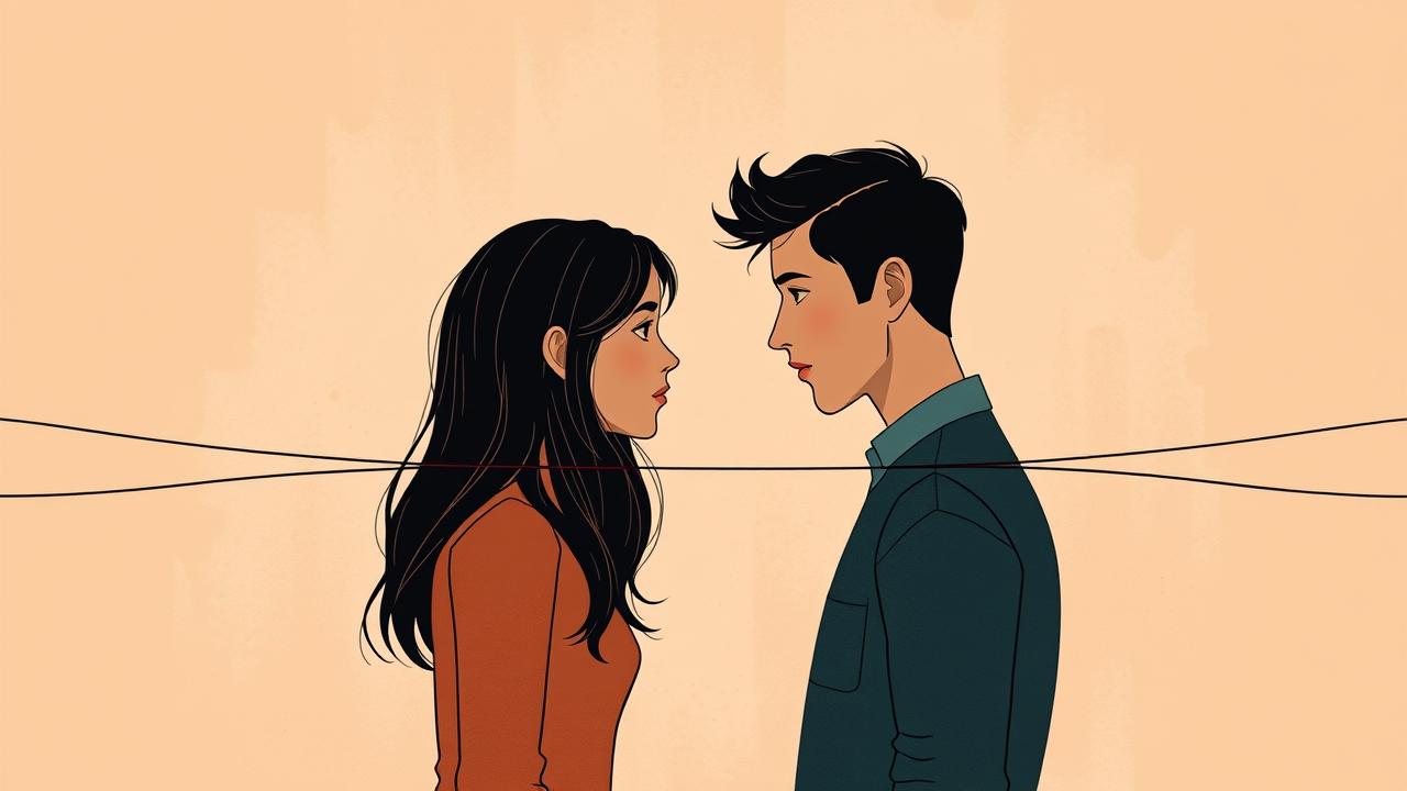 Ilustração abstrata de um casal com uma barreira invisível entre eles, simbolizando desafios de comunicação e frustração em um relacionamento.