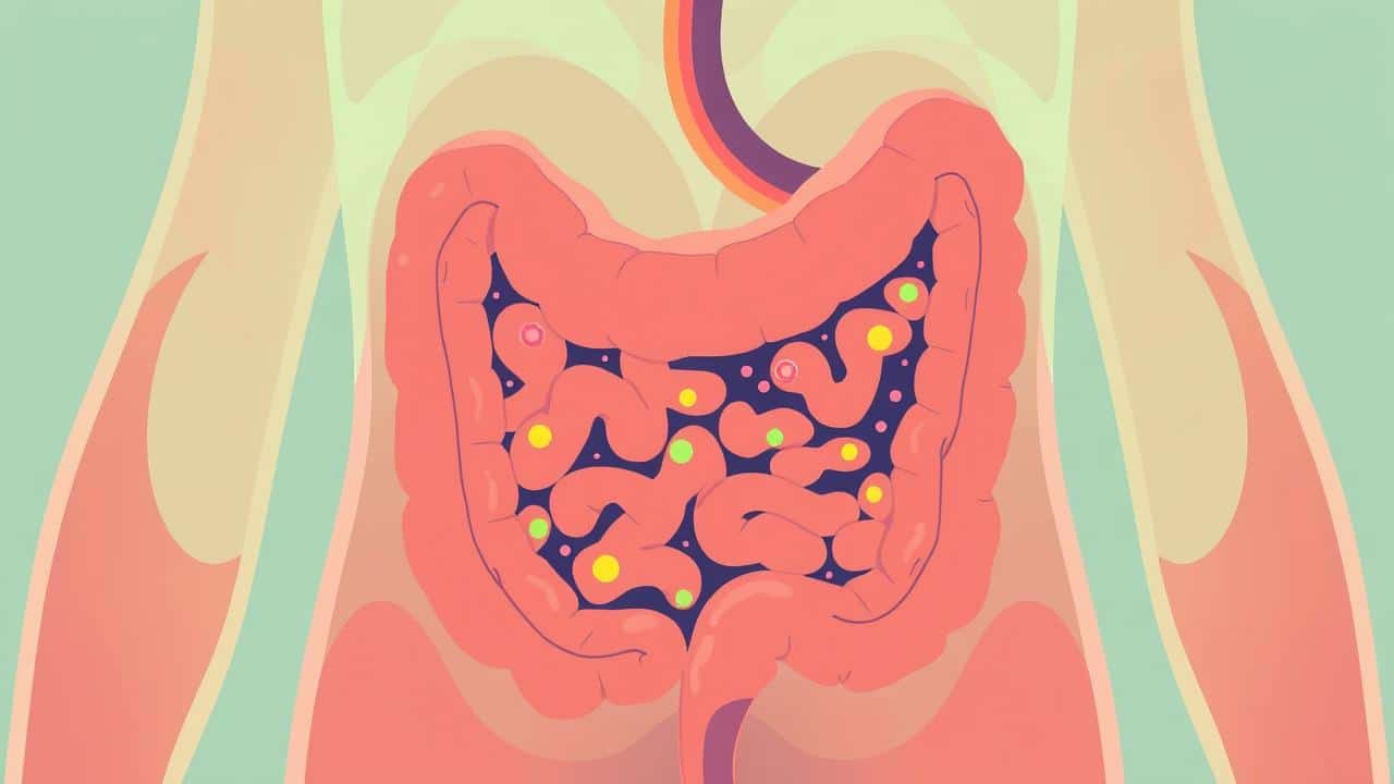 Ilustração abstrata de um intestino saudável com microrganismos benéficos.