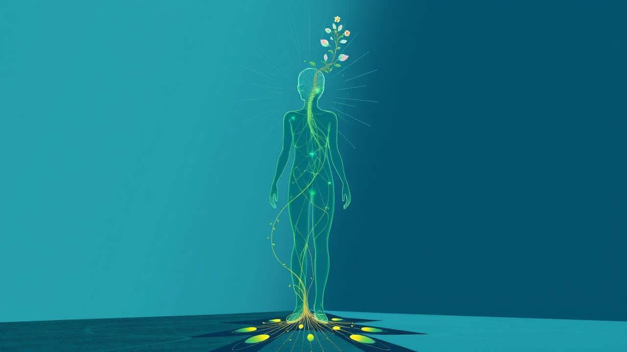 Ilustração abstrata de uma silhueta humana com raízes e planta florescendo, simbolizando a abordagem holística da TRG e o crescimento pessoal.
