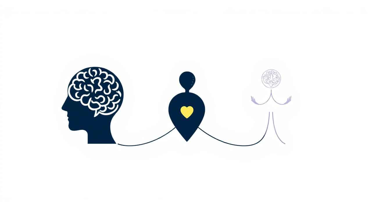 Ilustração abstrata e interligada de símbolos para mente, corpo e espírito, representando o bem-estar holístico.