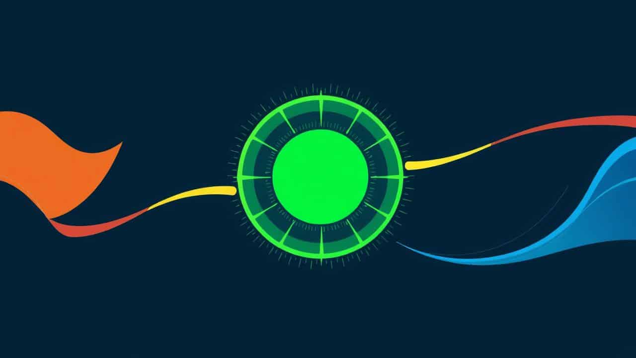 Ilustração abstrata em flat design mostrando passado e futuro convergindo para um presente vibrante e luminoso.