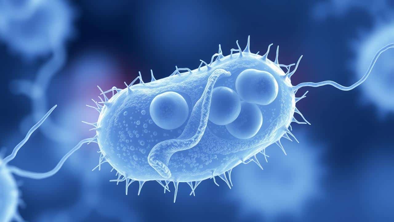 Ilustração científica detalhada de uma cepa de bactéria probiótica, como 'Bifidobacterium animalis'.