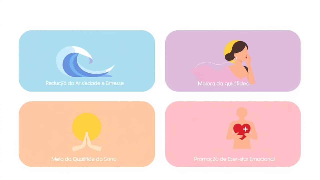 Ilustração com ícones visuais representando redução de ansiedade, melhor sono, diminuição da dor e bem-estar emocional.