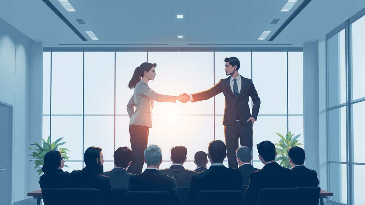 Ilustração conceitual de RH e liderança colaborando para apoiar o bem-estar dos colaboradores no ambiente de trabalho.