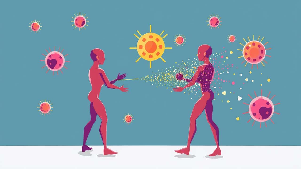 Ilustração conceitual de células imunológicas atacando tecidos saudáveis do corpo, simbolizando doenças autoimunes.