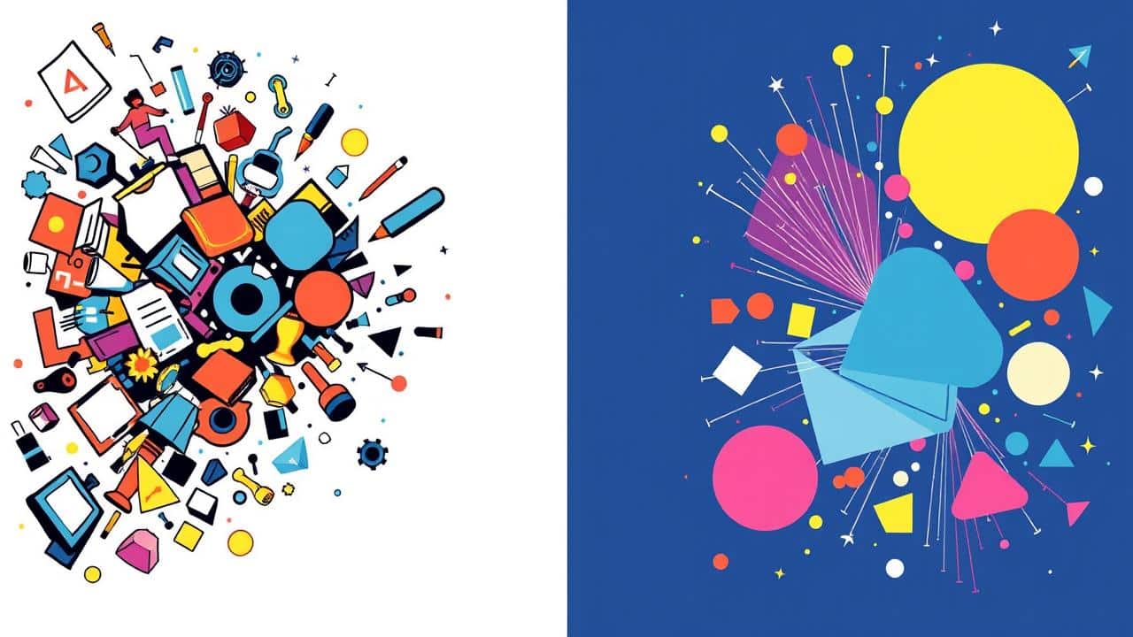 Ilustração conceitual de caos se transformando em ordem e estrutura, simbolizando rotina para TDAH.