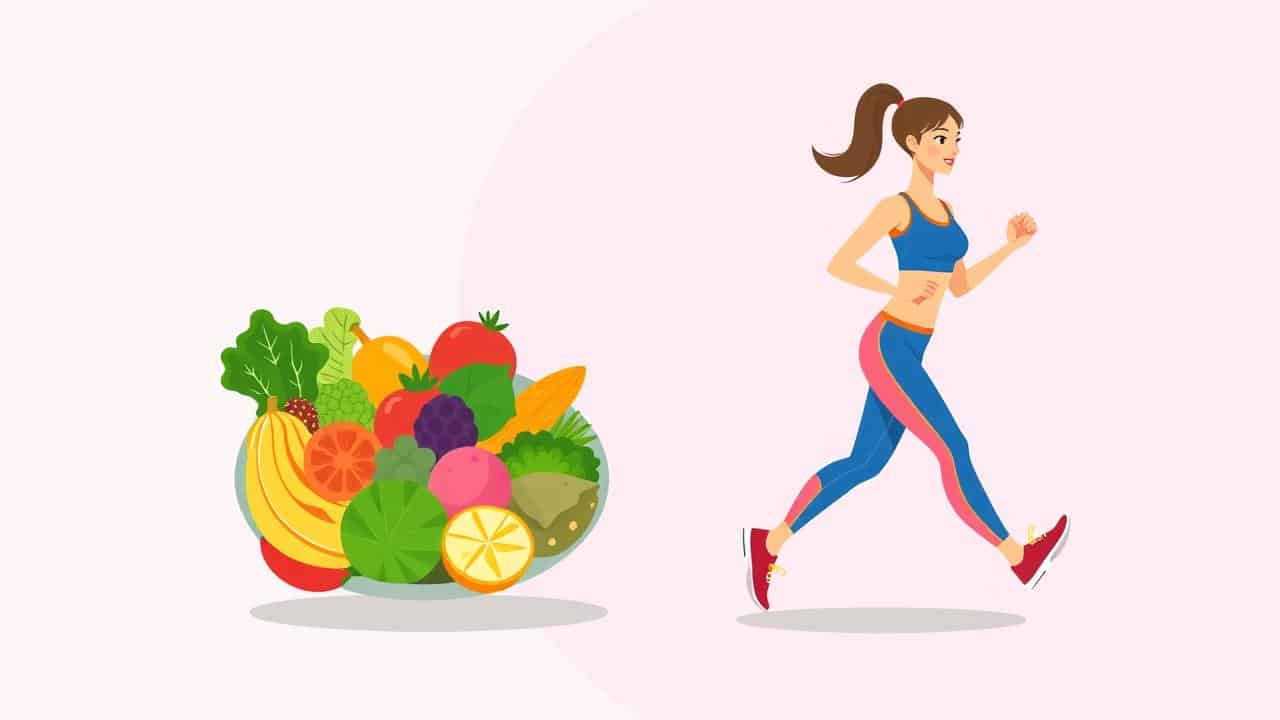 Ilustração conceitual de dieta e exercício, com prato balanceado e pessoa ativa.