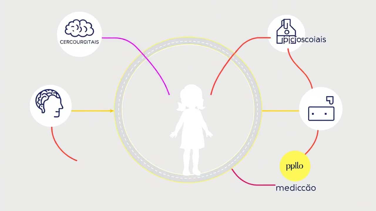 Ilustração conceitual de um tratamento multimodal para TDAH e TOD, mostrando a integração de terapias, intervenções psicossociais e medicação.