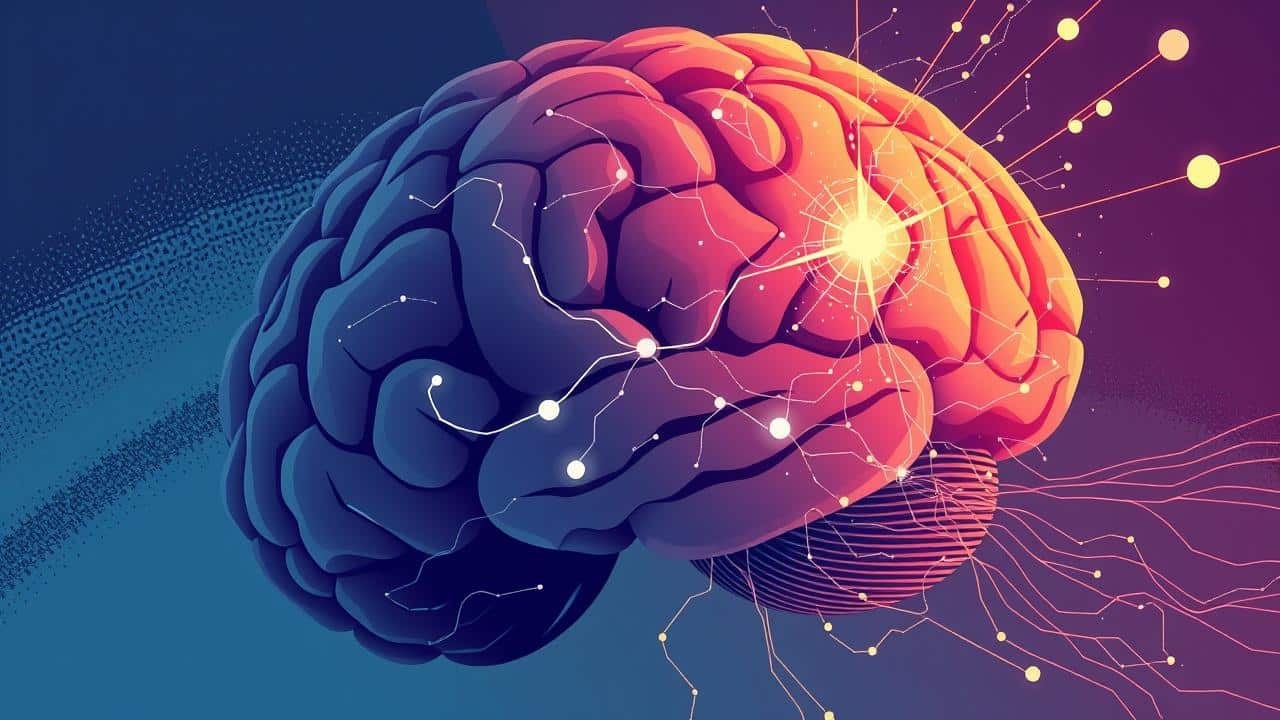 Ilustração conceitual do cérebro humano com elementos visuais que representam os sintomas neurobiológicos do TDAH: desatenção, impulsividade e desorganização.