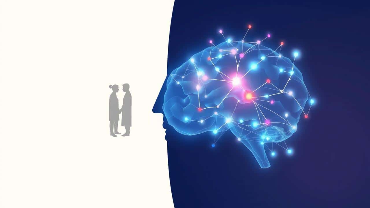 Ilustração conceitual mostrando a fusão harmoniosa entre psicoterapia tradicional e neurociência através de símbolos e redes neurais.