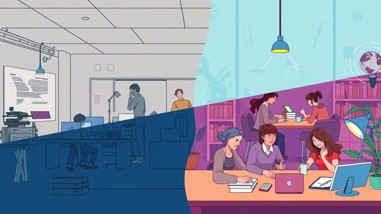 Ilustração contrastante comparando os custos da negligência da saúde mental no trabalho com os benefícios do investimento em bem-estar.