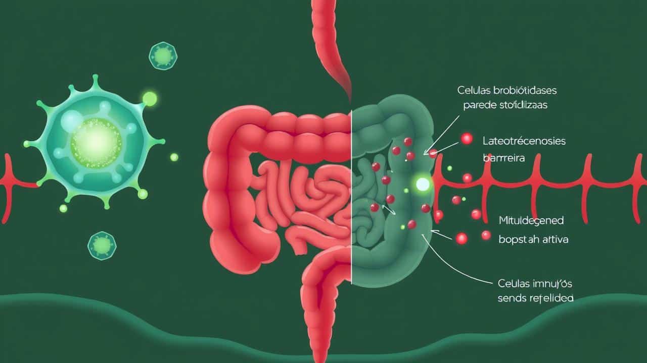 Ilustração da barreira intestinal sendo fortalecida por probióticos, repelindo patógenos.