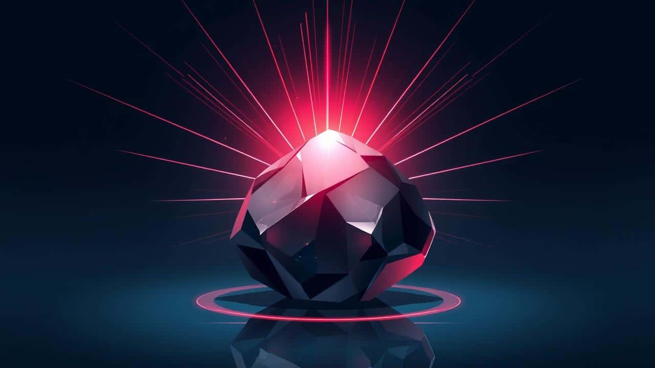 Ilustração da pedra Ônix preta com aura de energia protetora e símbolos de equilíbrio.