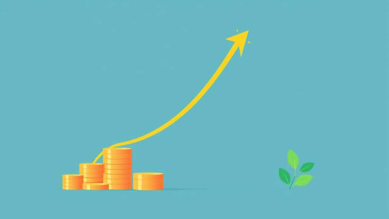 Ilustração de 'flat design' mostrando o retorno sobre investimento positivo em programas de bem-estar corporativo, com uma seta de crescimento.