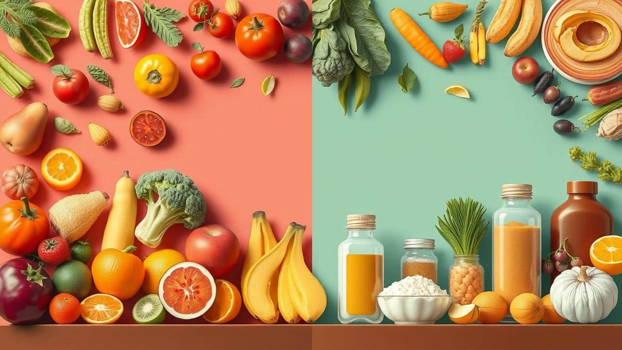 Ilustração de alimentos saudáveis (frutas, vegetais) em contraste com alimentos não saudáveis (frituras, ultraprocessados).