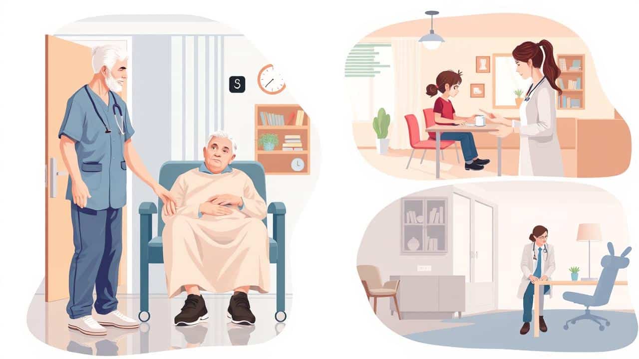Ilustração de colagem mostrando terapeuta ocupacional em diferentes ambientes: hospital, escola, casa e consultório.