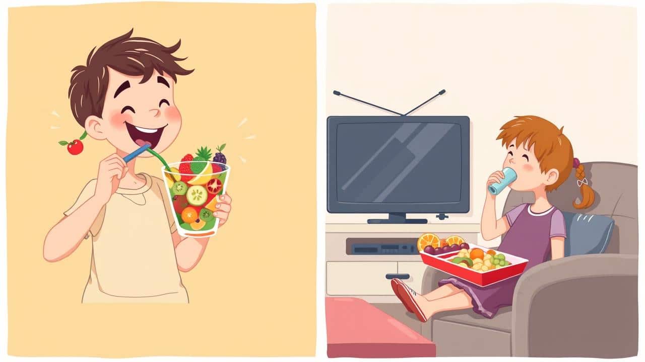 Ilustração de contraste entre criança com hábitos saudáveis (frutas, atividade) e criança com hábitos não saudáveis (ultraprocessados, sedentarismo), simbolizando fatores de risco para colesterol alto.