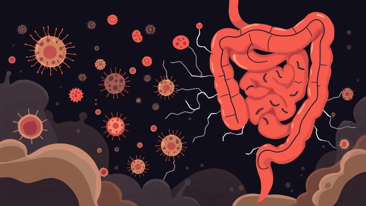 Disbiose intestinal com desequilíbrio microbiano.