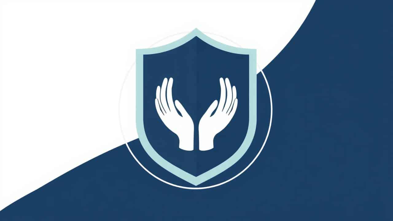 Ilustração de escudo com mãos e engrenagens, simbolizando regulação e cuidado profissional na saúde.