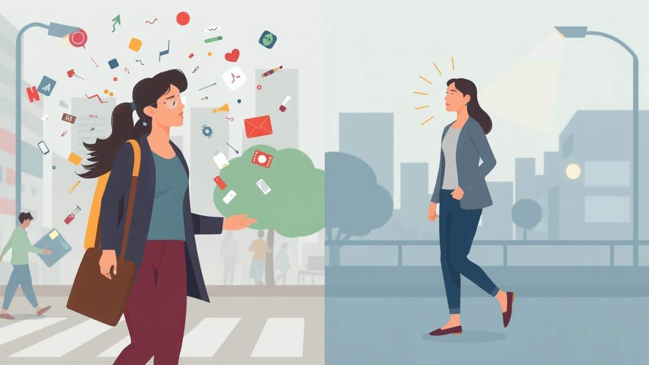 Ilustração de pessoa com dificuldade de concentração em ambiente agitado e, em contraste, pessoa com foco e clareza.
