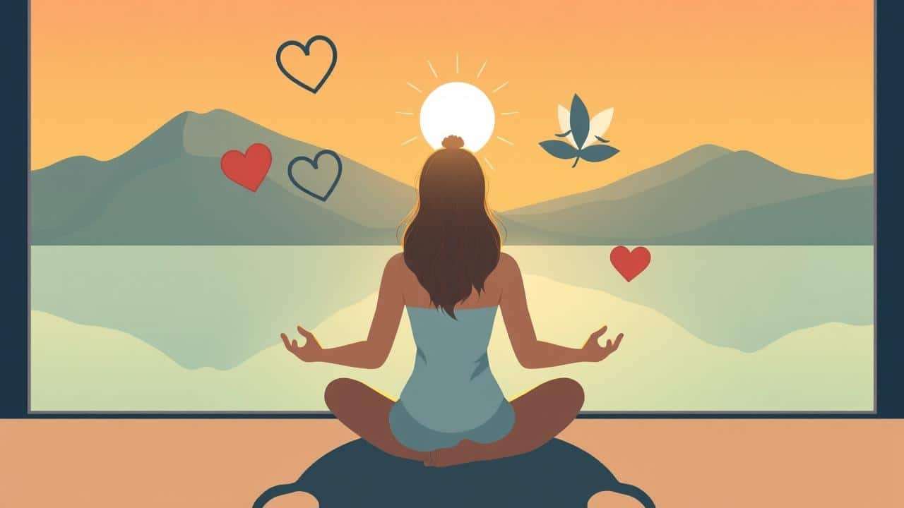 Ilustração de pessoa meditando em ambiente sereno, com símbolos abstratos de bem-estar físico e emocional.