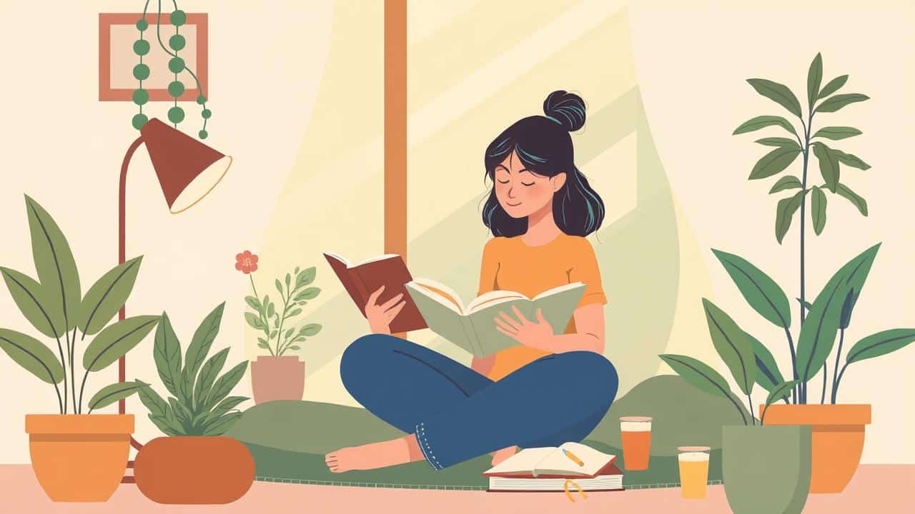 Ilustração de pessoa praticando autocuidado com atividades como leitura e meditação em ambiente calmo.